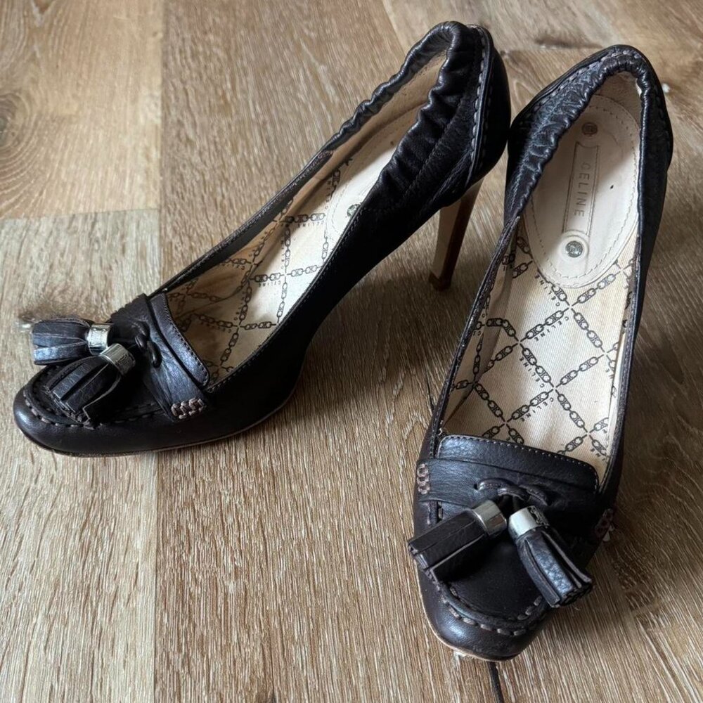 Vintage Celine Triomphe‎ Brown Tassel Leather Heels Size women’s US 9 (EU 39.5)